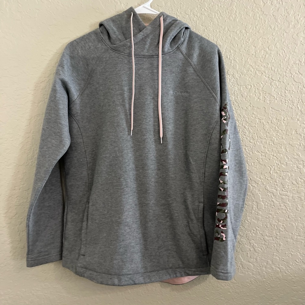 Columbia gray pink hooded sweatshirt Sleeve Cami Logo Size Small Pockets Fleece